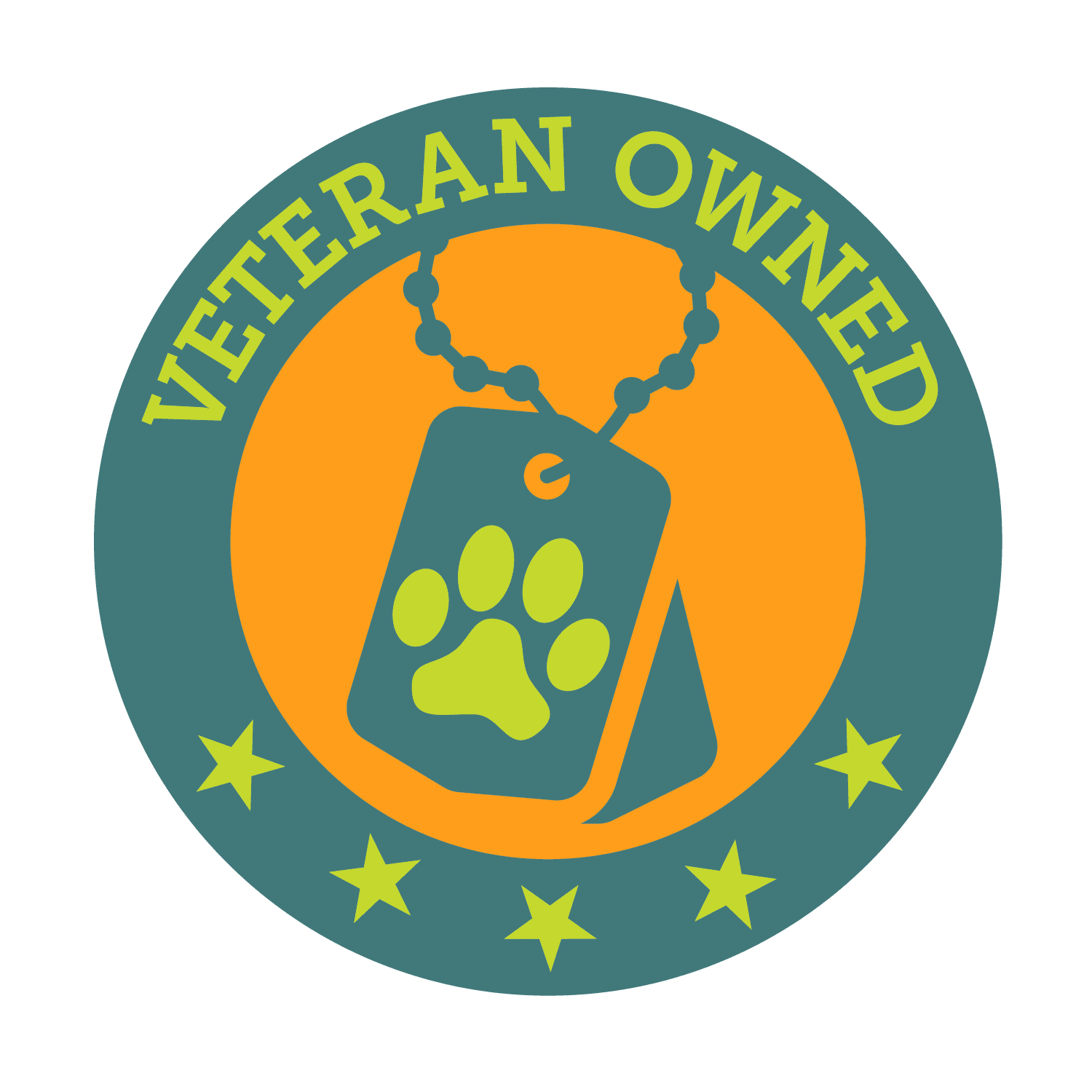 Veteran Owned DoodyCalls badge with paw print on dog tag
